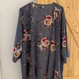 Grey and Burgundy Floral Kimono